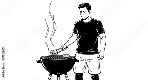 A man grilling food on a barbecue with smoke rising from the grill.