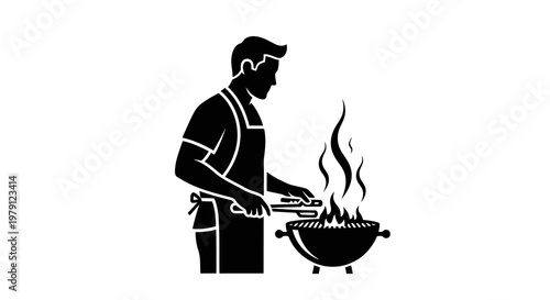 A man wearing an apron is grilling food on a barbecue grill.