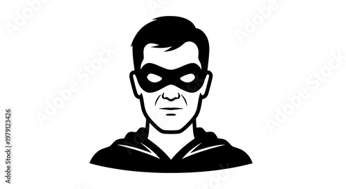 A simple black and white illustration of a masked person wearing a hoodie.