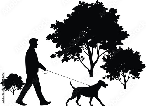 Walking dog silhouette in park with trees, outdoor leisure activity vector illustration, pet owner lifestyle design