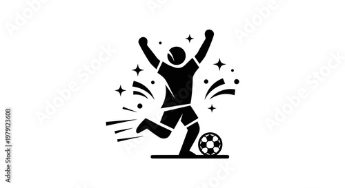 A soccer player celebrating a goal with dynamic movements and stars.
