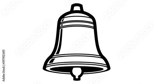 A simple black and white illustration of a traditional bell.