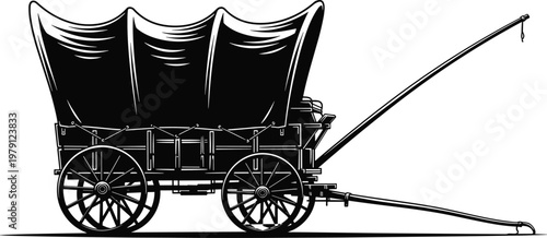 A detailed black and white illustration depicts a vintage covered wagon reminiscent of pioneer travel high quality professional modern elegant stylish