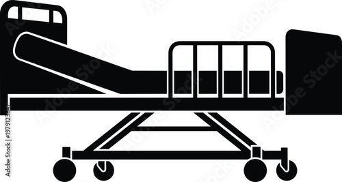 A black silhouette of a hospital bed with adjustable features and rolling wheels is displayed high quality professional detailed modern elegant