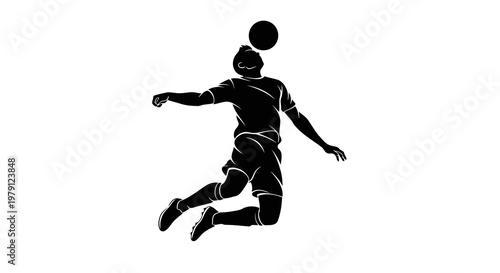 A soccer player heading a ball in mid-air with a dynamic pose.