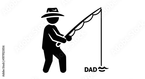 A man is fishing with a hat on and the word dad on the fishing line.