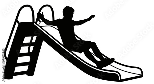 A child sliding down a slide with arms outstretched in a joyful pose.