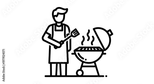 A man wearing an apron grilling on a barbecue with a spatula in hand.
