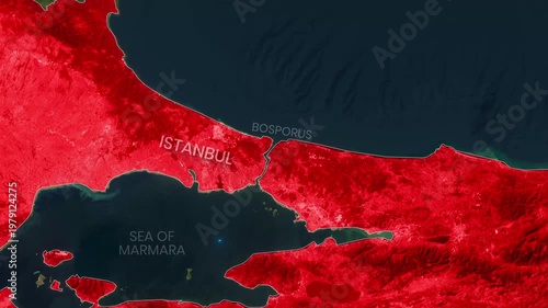 Istanbul city and the Bosphorus Strait on an animated map footage