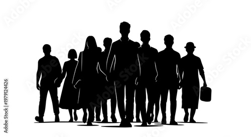 A group of people standing together in silhouette against a white background.