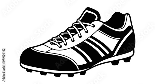 A black and white illustration of a soccer cleat on a white background.