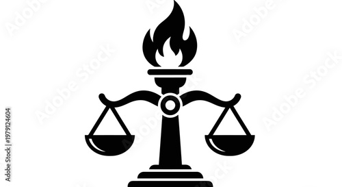 A symbolic representation of justice and balance with scales and flame.