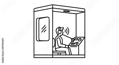 Man in Soundproof Booth with Headphones and Microphone, Voice Recording Studio