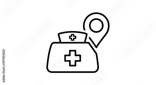 Medical bag with location pin icon, healthcare and travel concept