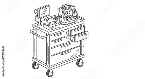 Medical Cart with Equipment, Defibrillator, Monitor, and Drawers - Line Art
