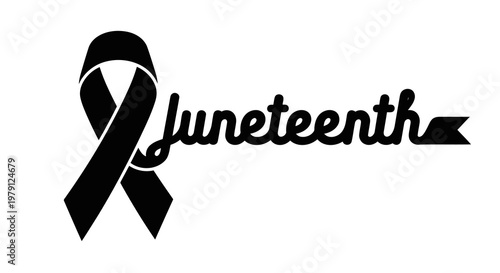 A black ribbon with the word juneteenth written next to it, symbolizing freedom and emancipation.