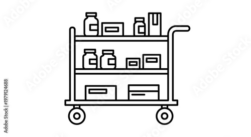 Medical Cart with Jars and Boxes on Shelves, Healthcare Delivery Icon