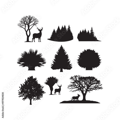 Black and white of deer in various forest settings trees woodland
