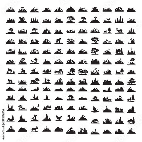 Black and white of stylized mountain peaks in rows mountain silhouettes mountain outlines