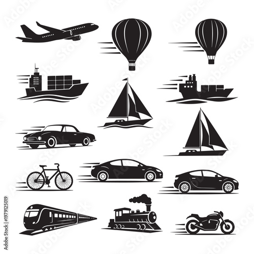 Black and white of transportation and household airplane hot air balloon bicycle