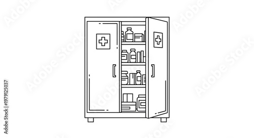 Open Medical Cabinet with Shelves Stocked with Bottles and Jars, Medical Symbol
