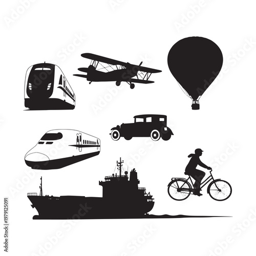 Black and white of travel and transportation airplane hot air balloon