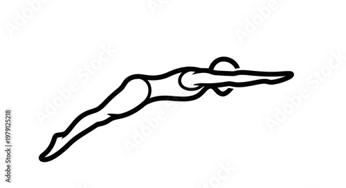 A simple black and white illustration of a swimmer in a dynamic pose.