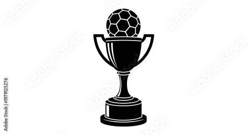 A black and white illustration of a trophy with a soccer ball on top.