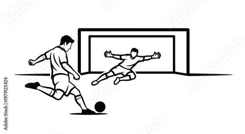 A soccer player kicking the ball towards the goalkeeper