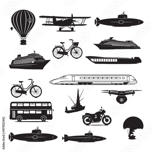 Black and white of various transportation modes and bicycle airplane