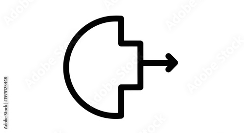A simple black icon of a semicircle with an arrow pointing to the right on a white background.