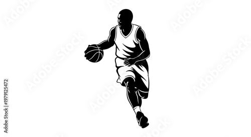 A basketball player dribbling on the court with intense focus.