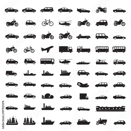 Black and white of various transportation modes and vehicles