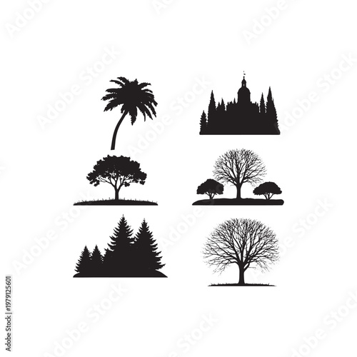 Black and white of various trees and a church silhouette palm tree pine tree deciduous tree