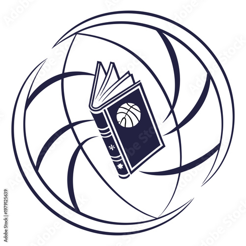 Minimalist book cover featuring basketball icon inside swirling abstract lines circular composition representing sports education and coaching guide.