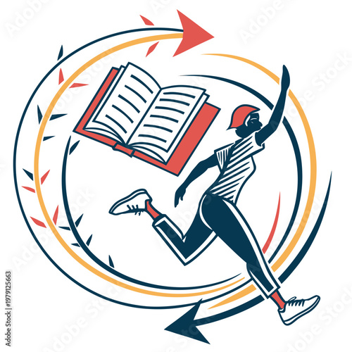 Sporty person running with open book in dynamic circular frame with arrows vector illustration representing fast learning and education movement.