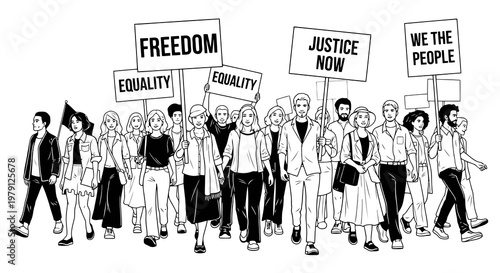 A diverse group of people marching together for social justice and equality.