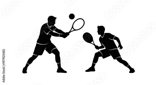 Tennis players in action, hitting the ball with rackets in a competitive match.