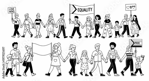 Diverse group of people marching together for equality and social justice.