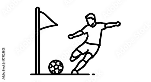 A soccer player kicking a ball near a corner flag on the field.