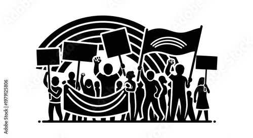 A group of people marching together with flags and banners in a protest or demonstration.