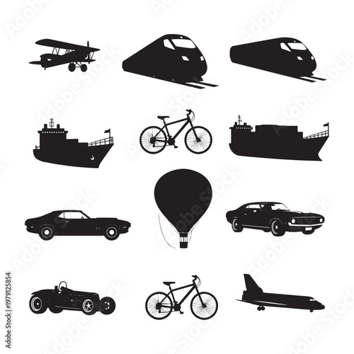 Black and white of various vehicles and airplane biplane hot air balloon bicycle