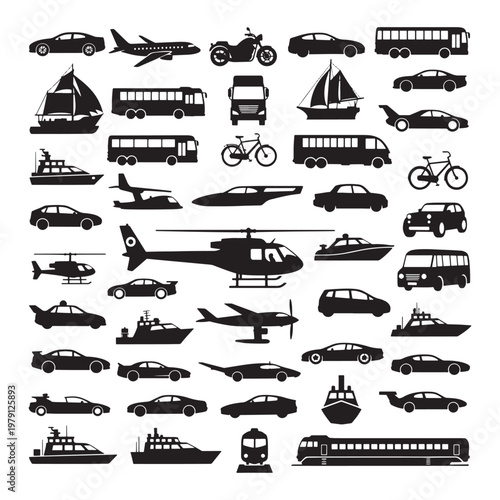 Black and white of various vehicles and buildings cars trucks buses