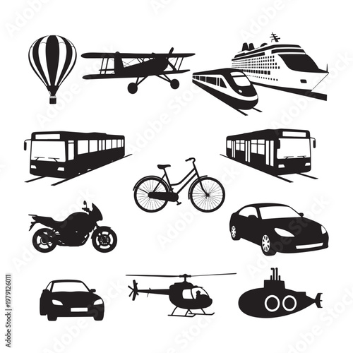 Black and white of various vehicles and transportation modes airplane