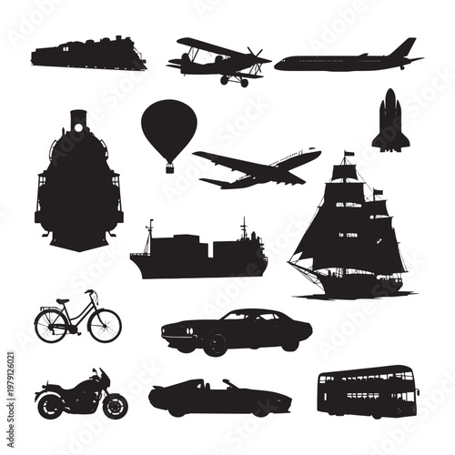 Black and white of various vehicles and transportation airplane bicycle motorcycle