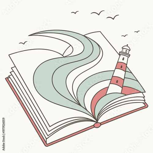 Whimsical open book with lighthouse standing amidst flowing ocean waves and flying birds portraying coastal navigation stories vector illustration art.