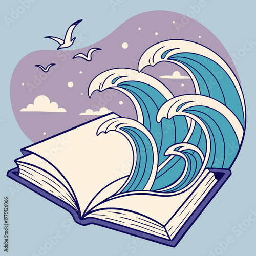 Surreal open book with crashing sea waves and seagulls flying under purple sky creating a dreamlike landscape of nautical stories vector illustration.