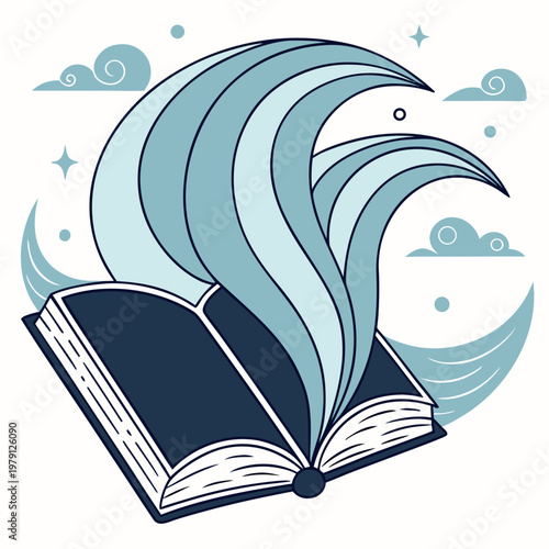Open magic book with blue waves flowing out of pages representing ocean stories and creative imagination in stylized flat vector illustration design.