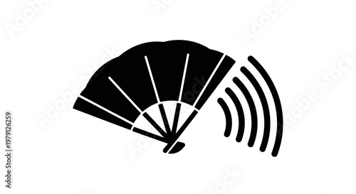 A simple black and white icon of a hand fan in motion on a white background.