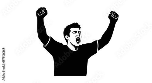 A man celebrating with raised fists and an open mouth in a black shirt.